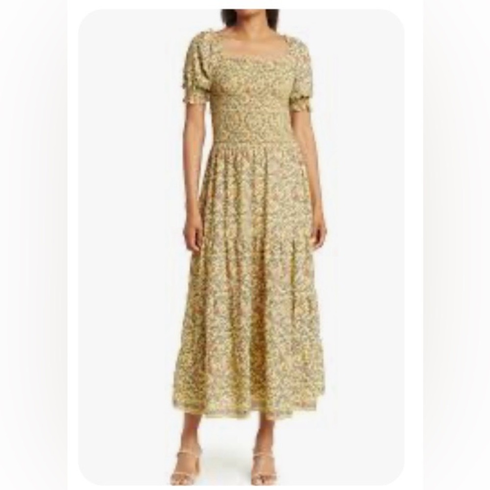 NEW Max Studio Yellow Floral Smocked Puff Sleeve Midi Dress